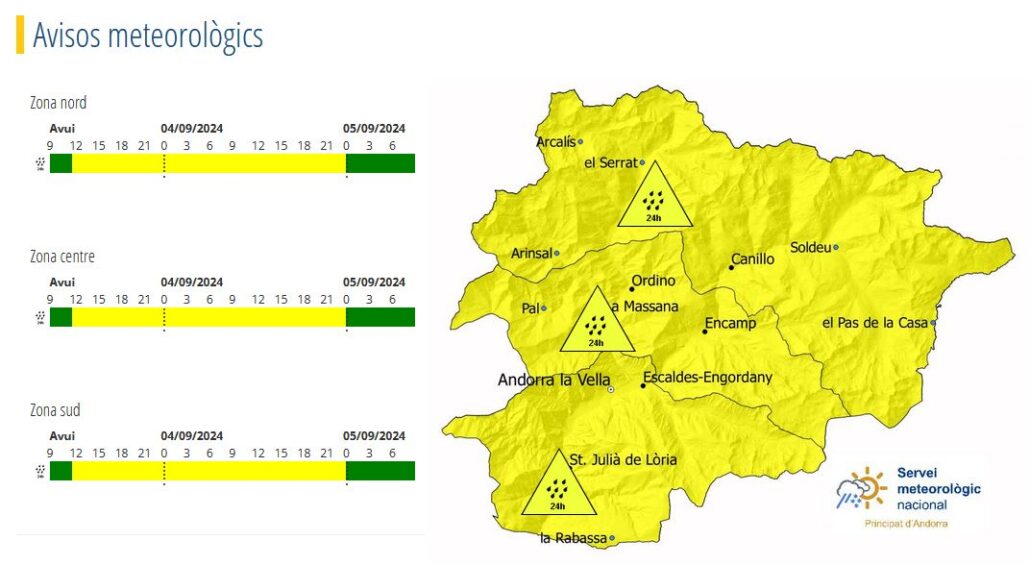Avís groc per precipitacions intenses a Andorra