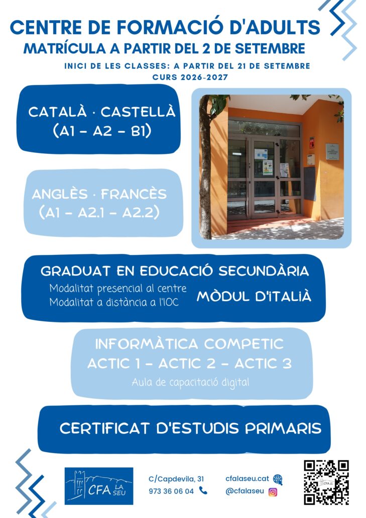 El Centre de Formació d’Adults de la Seu obrirà la matrícula el 2 de setembre